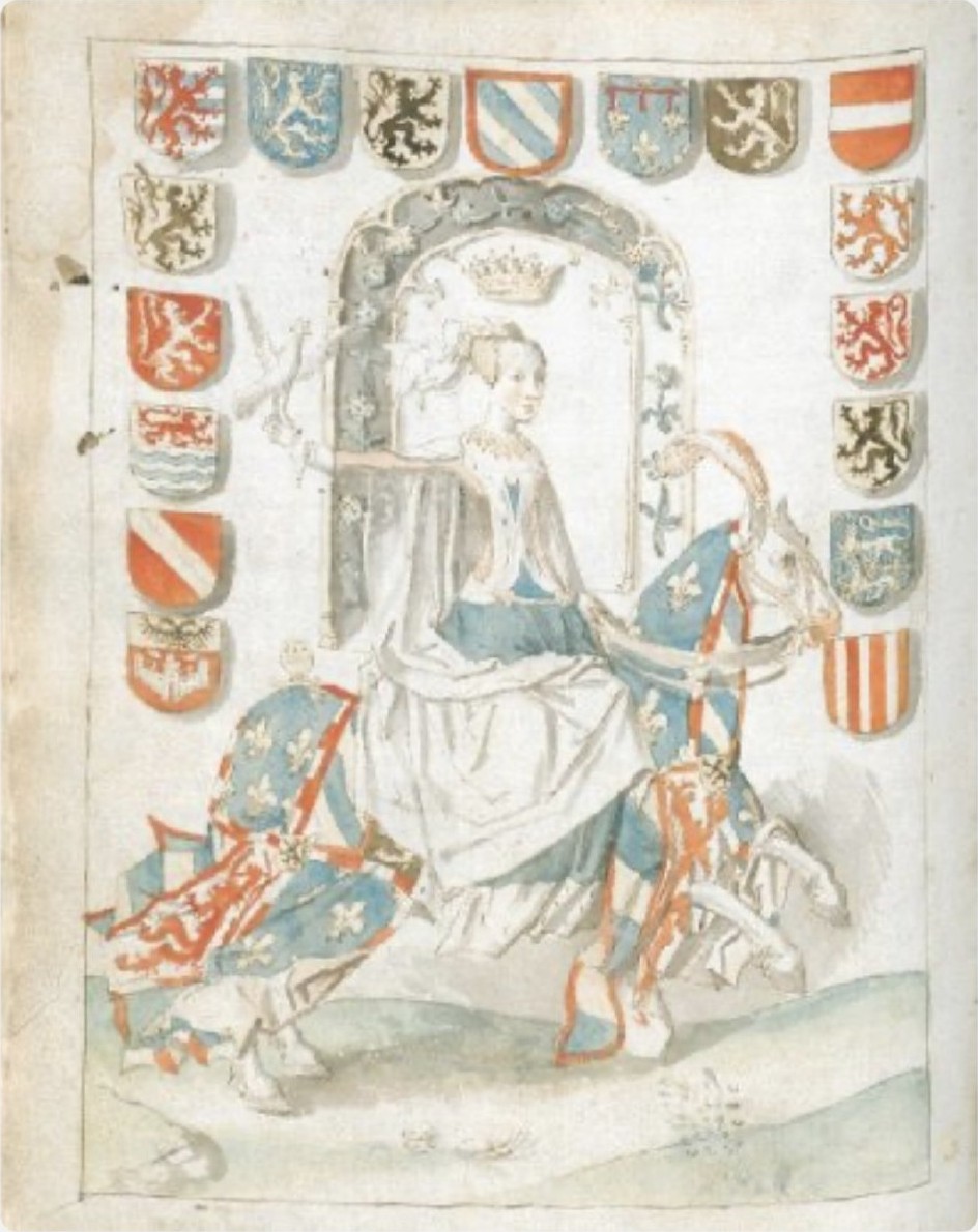 Countess of Flanders on horseback surrounded by heraldic shields — illuminated manuscript